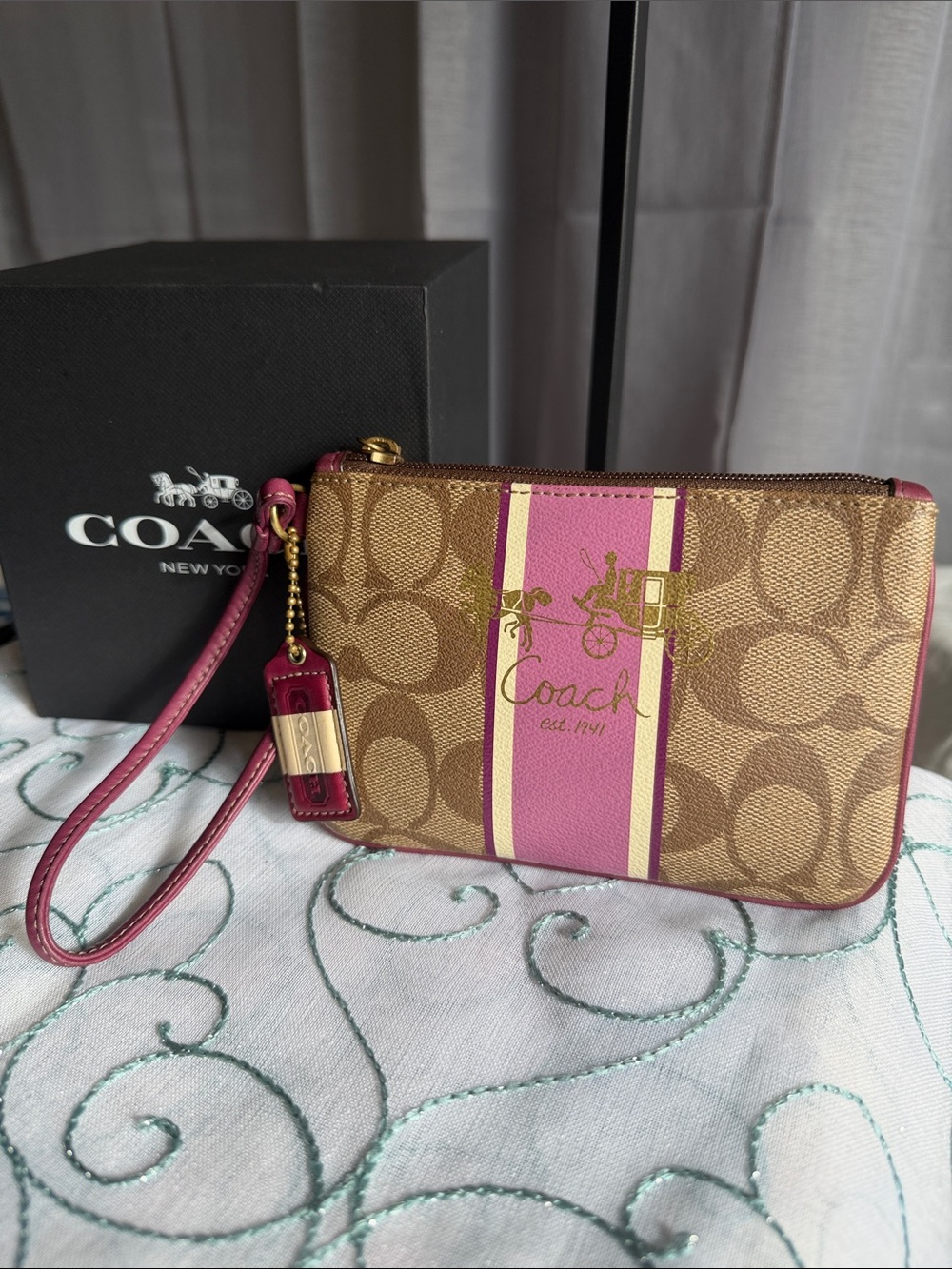 Coach Heritage Stripe Wristlet with Tattersall Lining!